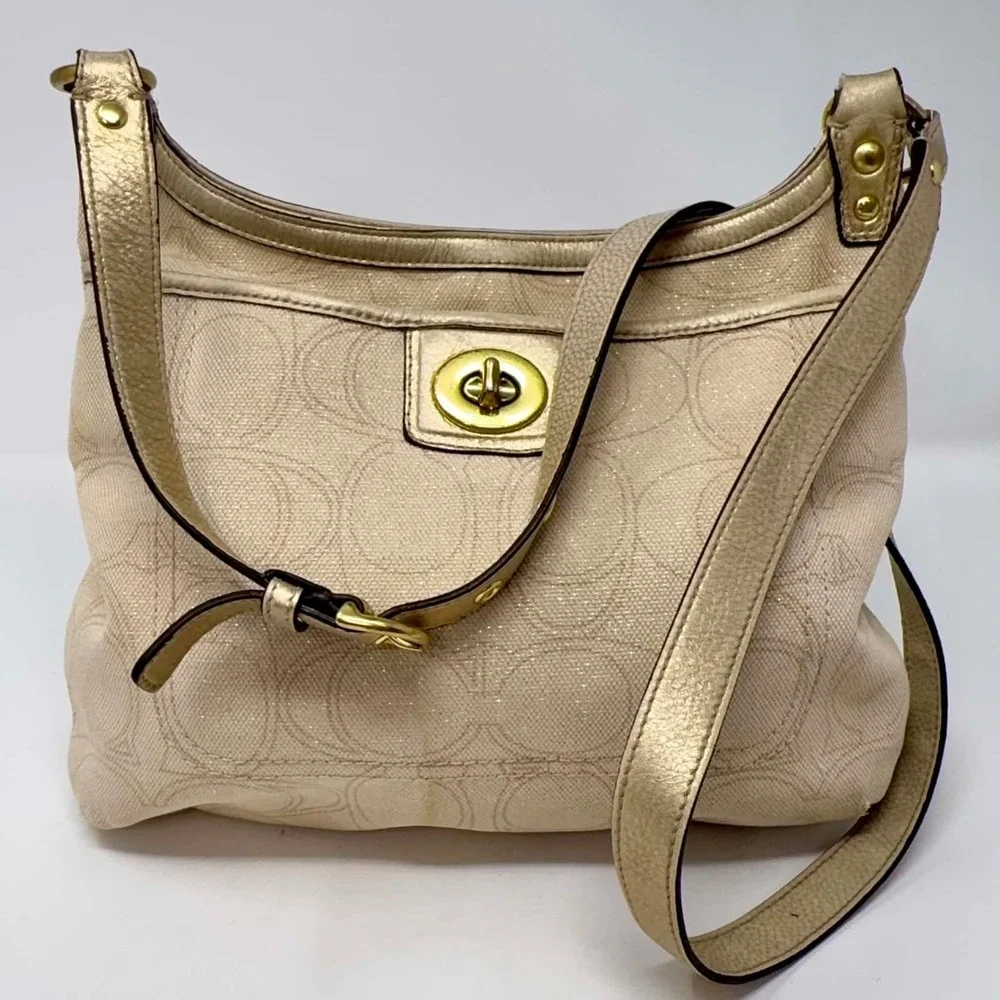 Coach F19260 Signature‎ Lurex Turnlock Crossbody Shoulder Bag Champagne Gold
